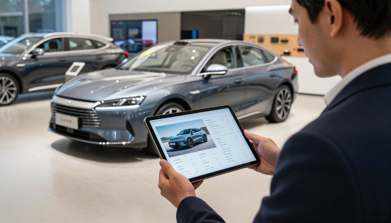 Automotive salesman presenting car brochure as a digital flipbook on a tablet in a showroom Automotive salesman presenting car brochure as a digital flipbook on a tablet in a showroom