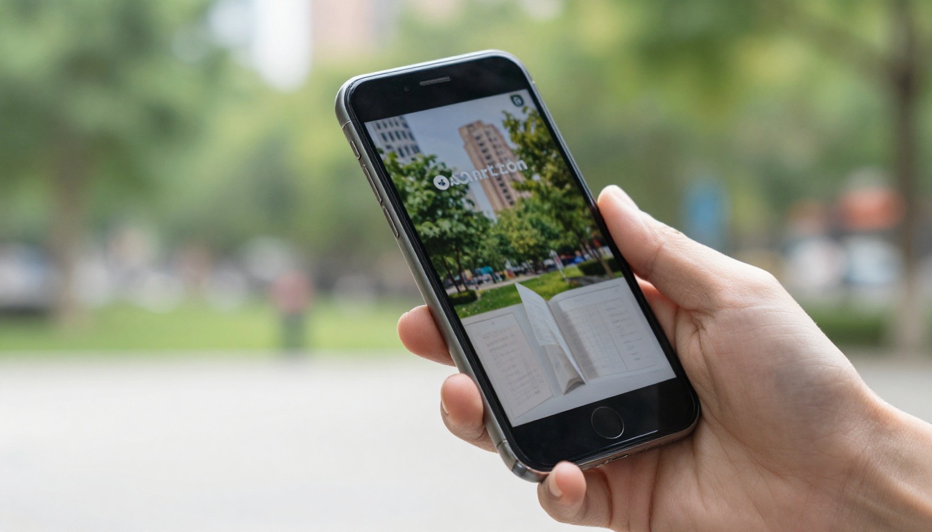 A hand holding a smartphone outdoors displaying a mobile-responsive flipbook with a blurred green park background A hand holding a smartphone outdoors displaying a mobile-responsive flipbook with a blurred green park background
