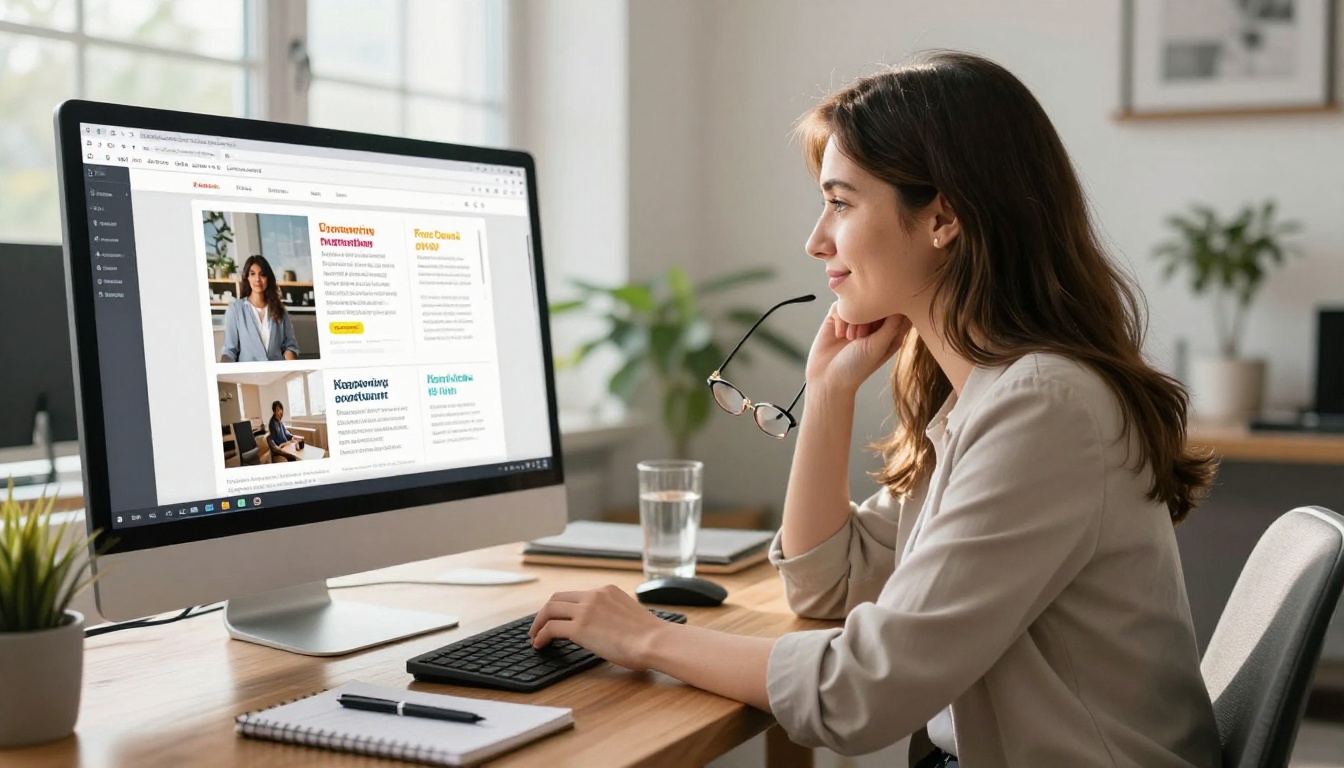 A woman author reviewing her published digital ebook on a large monitor in a bright office