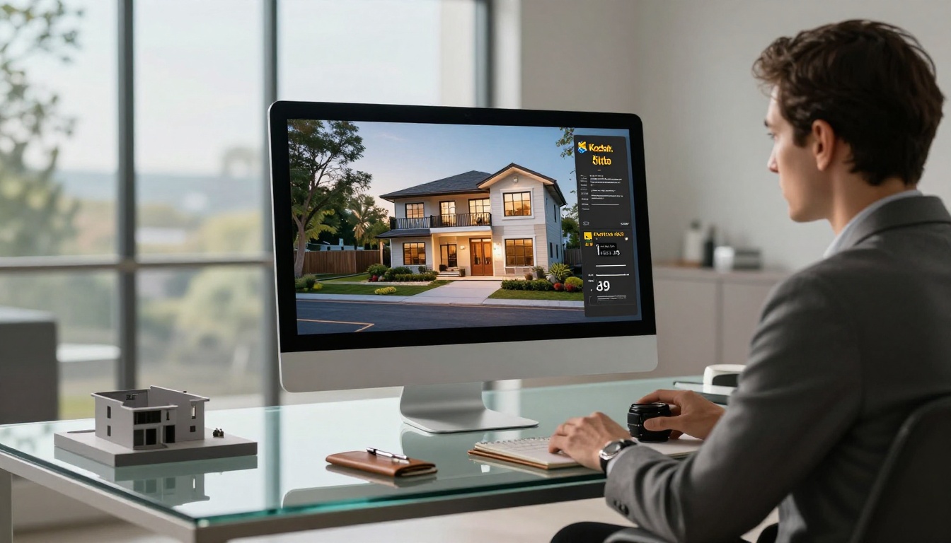 Professional real estate agent seated at a glass desk viewing a luxury property brochure flipbook on an iMac