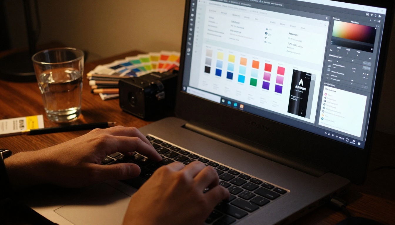 Graphic designer customizing flipbook branding and colors on a laptop Graphic designer customizing flipbook branding and colors on a laptop