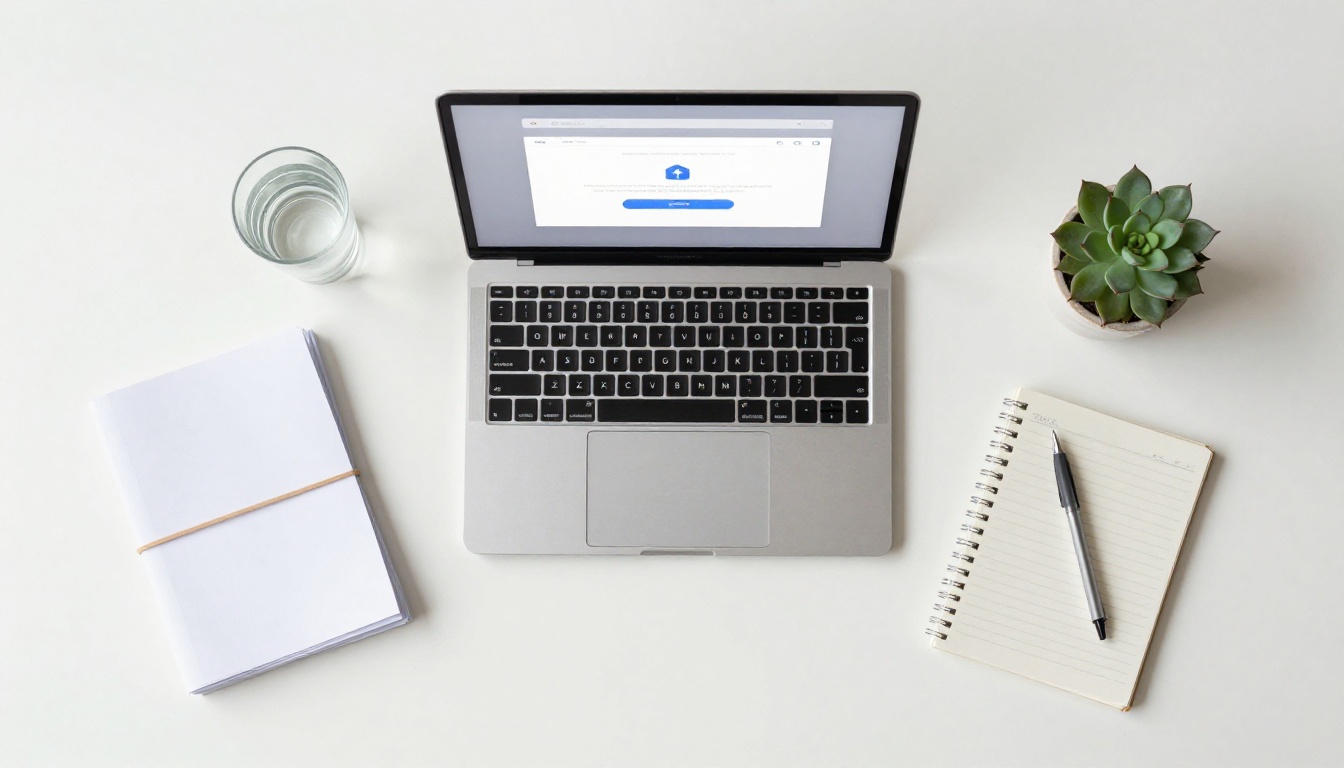 Aerial flat lay of a desk with stacked PDF documents, a laptop showing an upload interface, and a succulent plant Aerial flat lay of a desk with stacked PDF documents, a laptop showing an upload interface, and a succulent plant