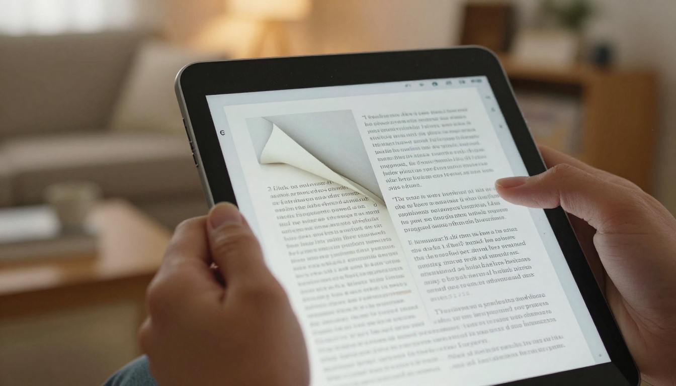 Close-up of hands holding a tablet displaying an interactive flipbook with a page-curl effect