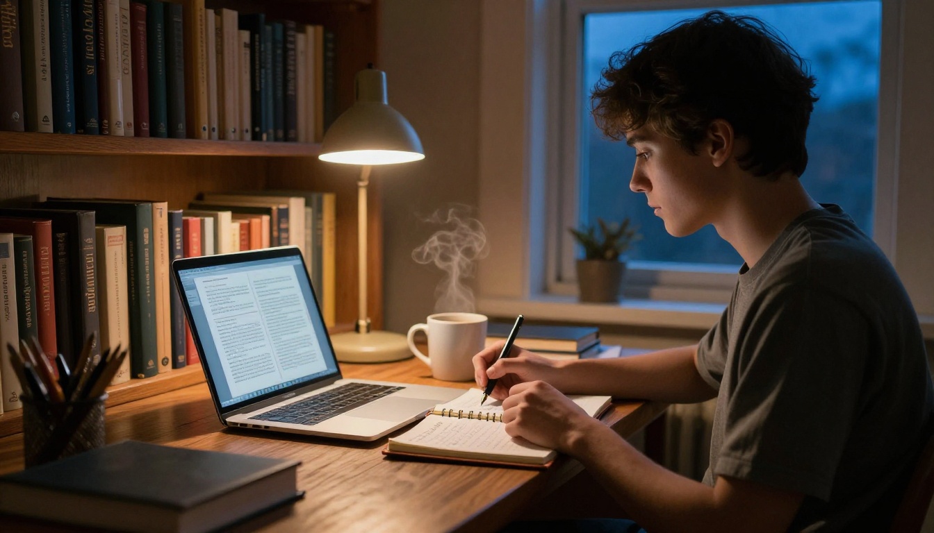 University student in a wooden study nook surrounded by bookshelves reading an interactive textbook flipbook on a laptop with warm lamp light