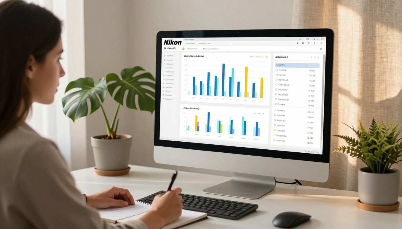Businesswoman reviewing brochure analytics dashboard on a desktop monitor Businesswoman reviewing brochure analytics dashboard on a desktop monitor