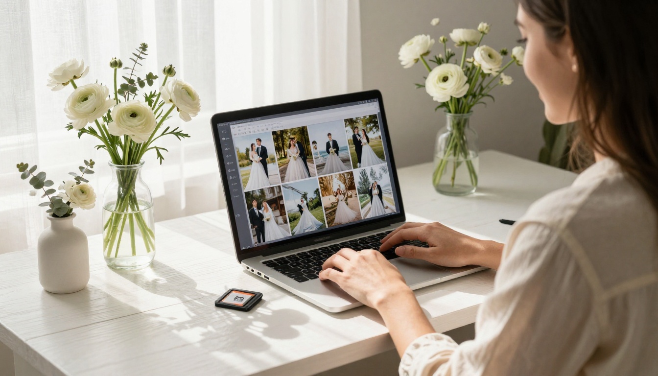 Woman uploading wedding photos to create a digital flipbook album on her laptop