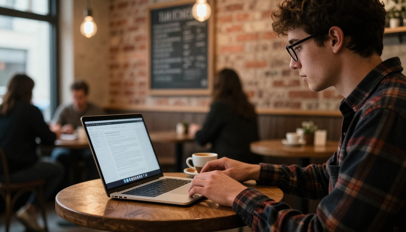 A young man in a coffee shop working on his laptop, screen reflected in glasses