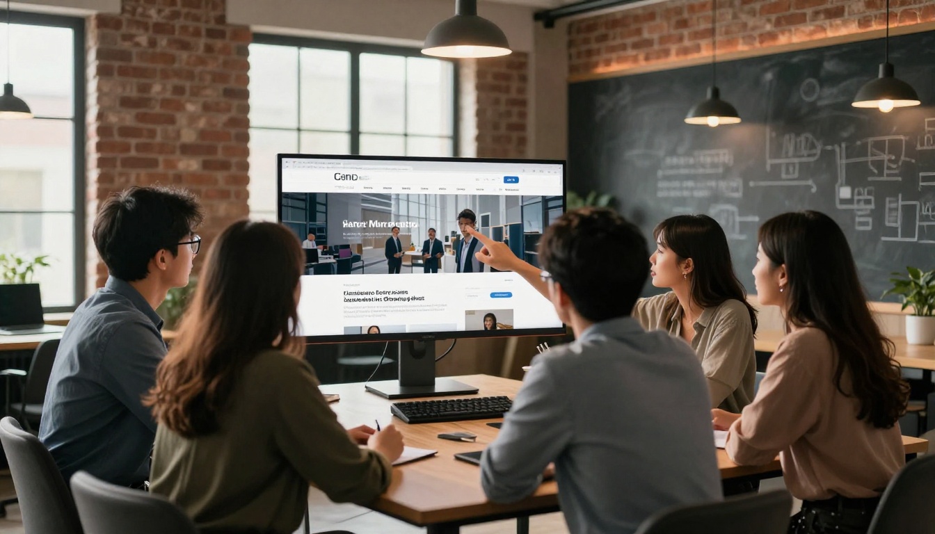 Marketing team collaborating on an embedded interactive brochure on a large monitor Marketing team collaborating on an embedded interactive brochure on a large monitor