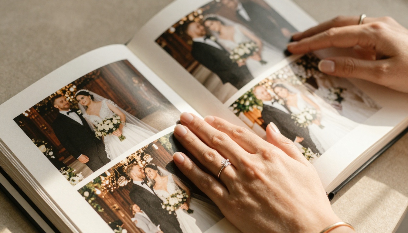 Close-up of hands holding an open wedding album with textured cream pages and vivid photos