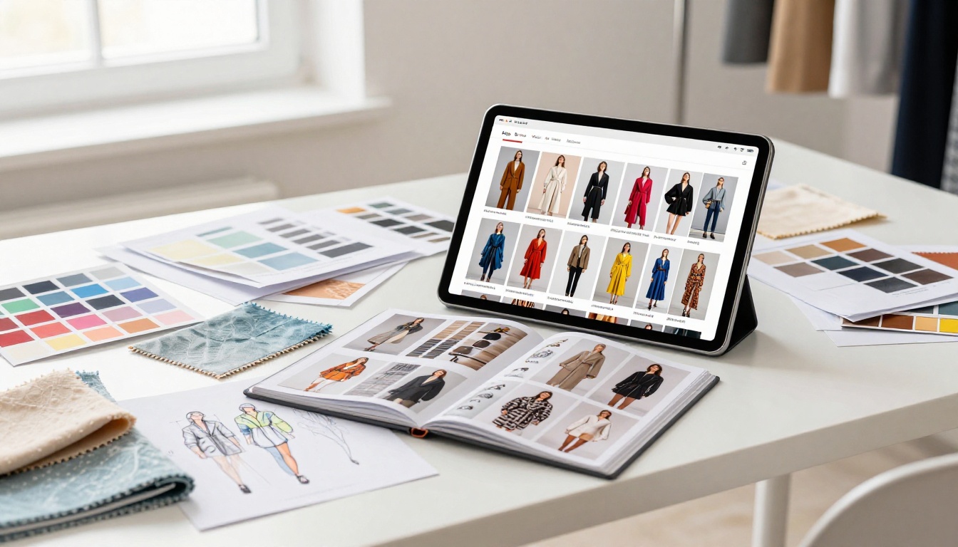 Fashion designer in a bright studio browsing an elegant lookbook flipbook on a tablet surrounded by fabric swatches and sketches
