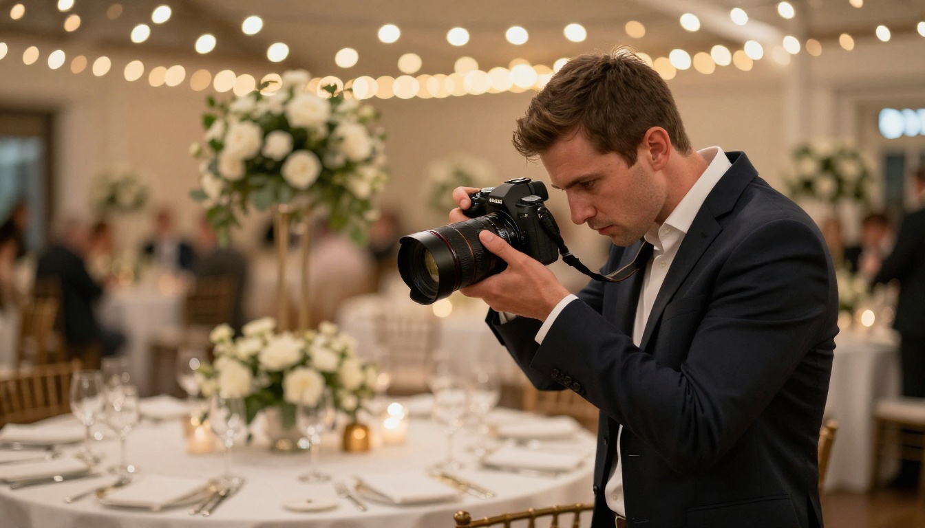 Wedding photographer reviewing images on camera at the edge of a warmly lit reception