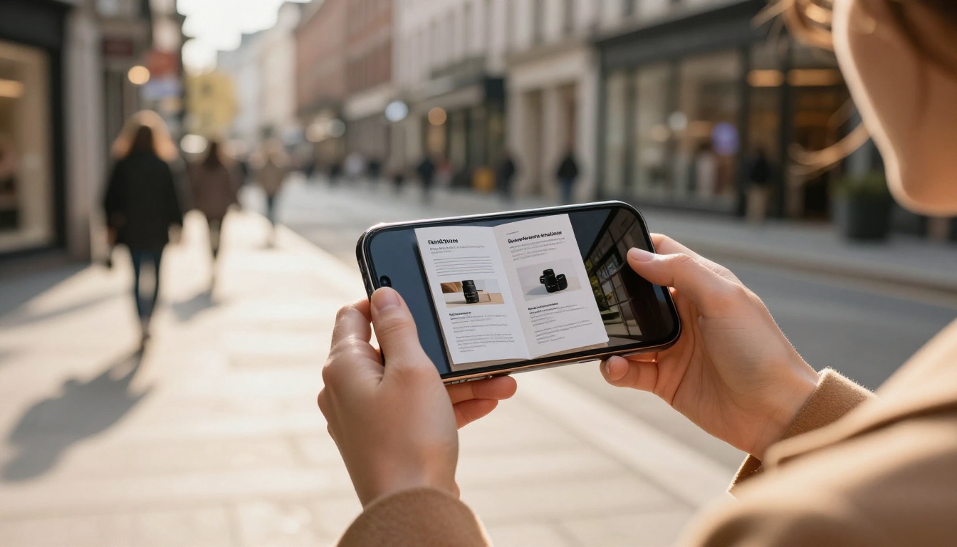 Woman on a city sidewalk viewing a digital brochure flipbook on her smartphone Woman on a city sidewalk viewing a digital brochure flipbook on her smartphone