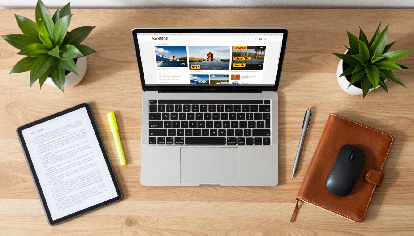 Aerial flat-lay of a home office workspace with a laptop, manuscript, notebook, and plant
