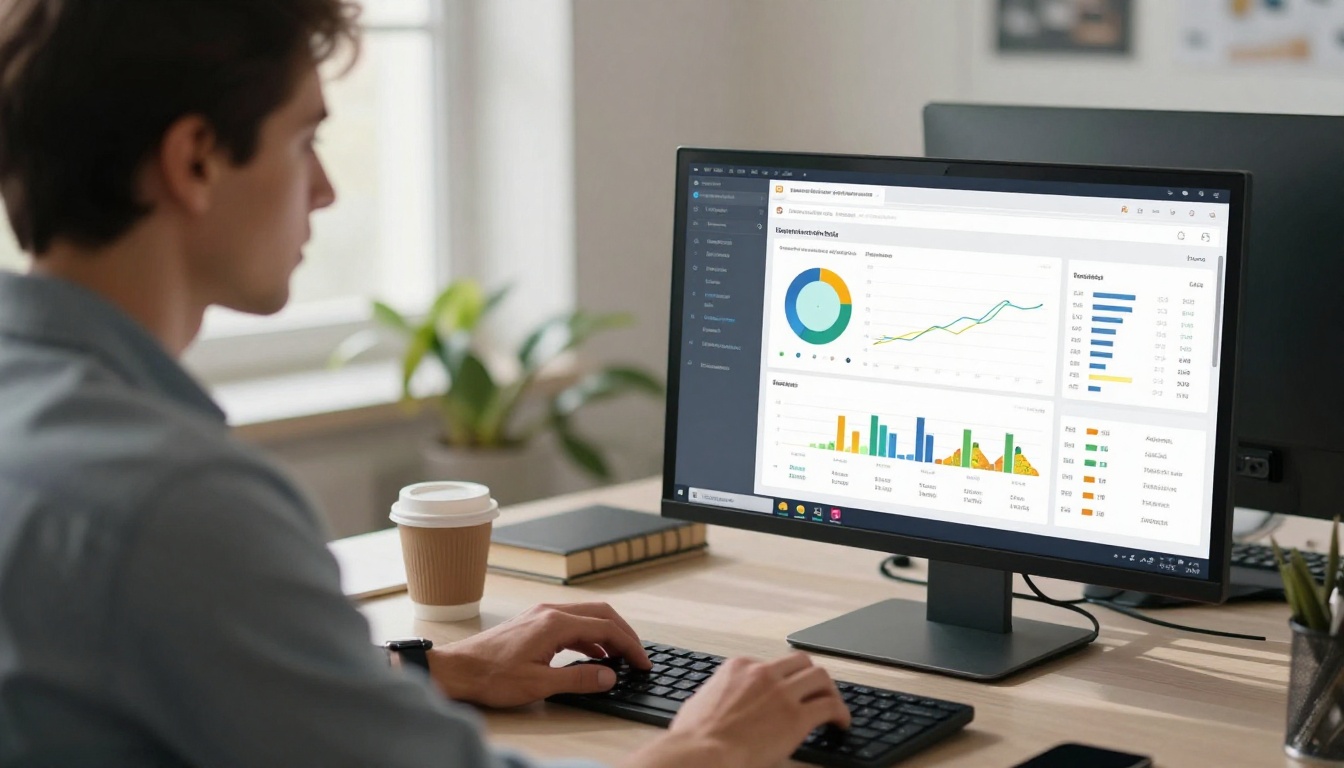 Marketing professional at a glass desk reviewing a digital analytics dashboard with engagement graphs and reader metrics on a monitor