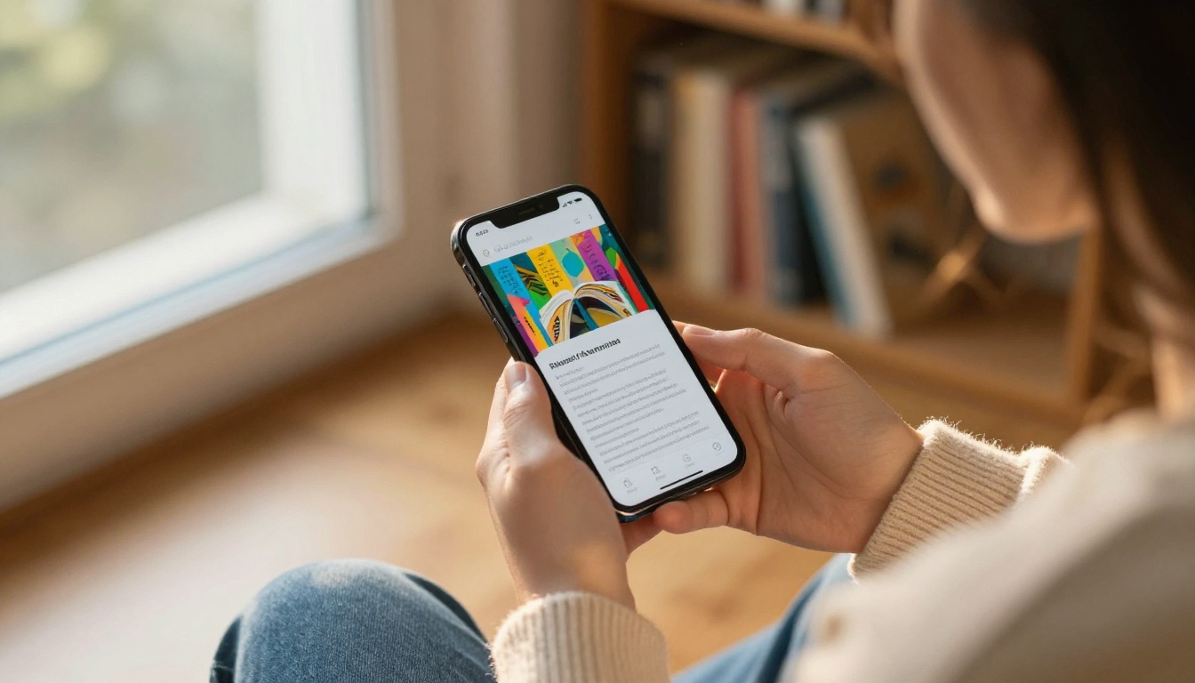 A person standing by a window browsing a digital flipbook on a smartphone