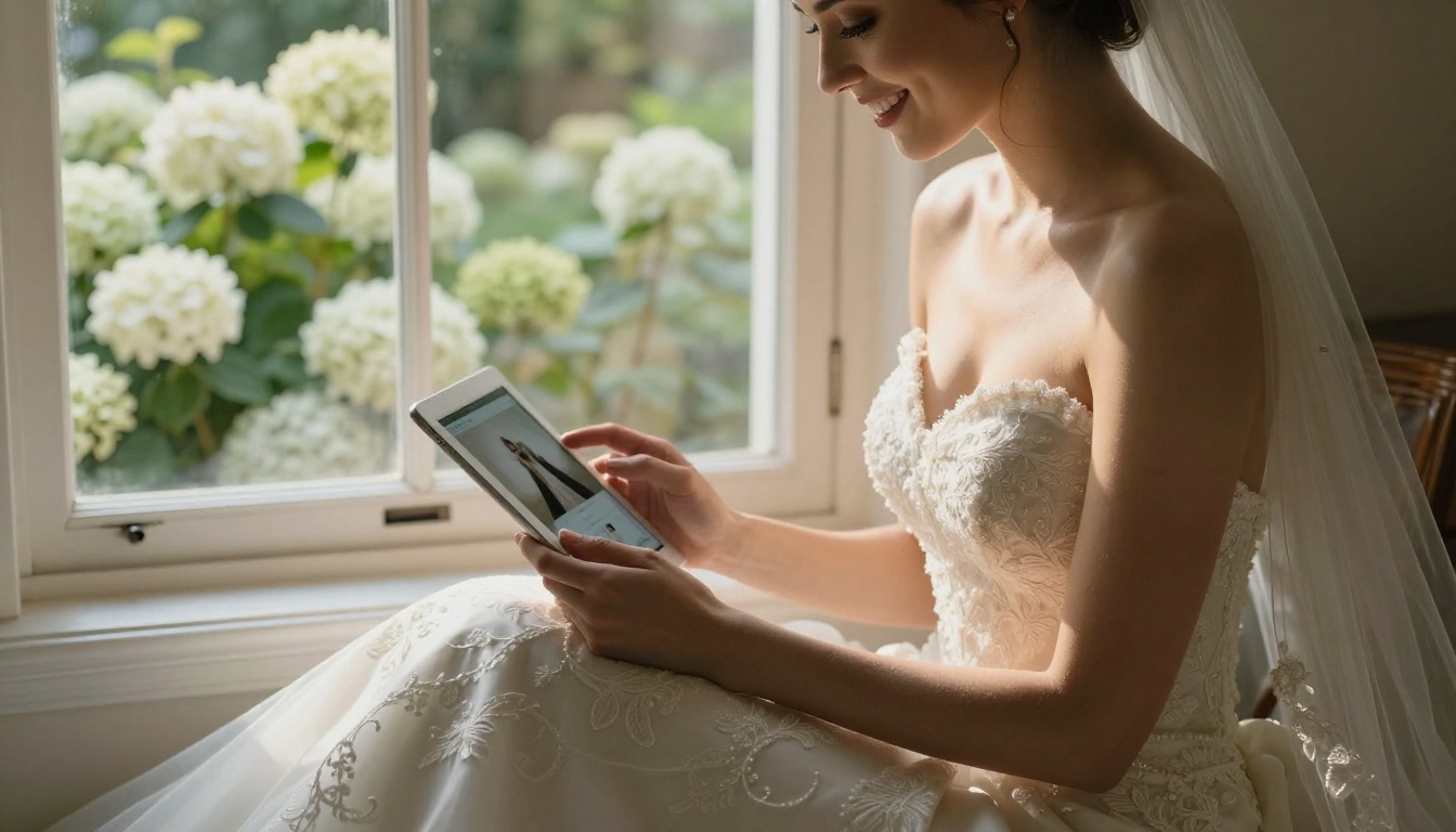 Bride in ivory gown viewing her digital wedding album on a tablet by a sunlit window