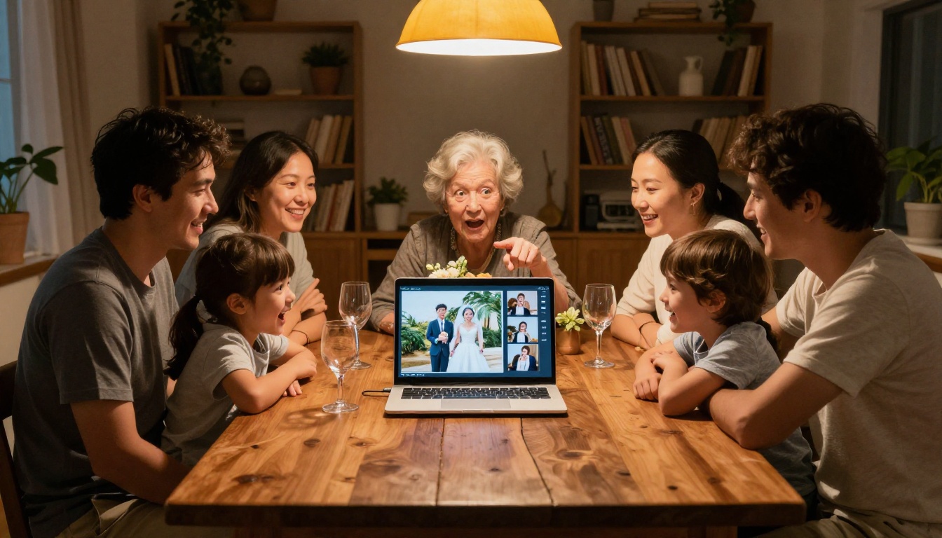 Family gathered around a dining table sharing a digital wedding flipbook on a laptop