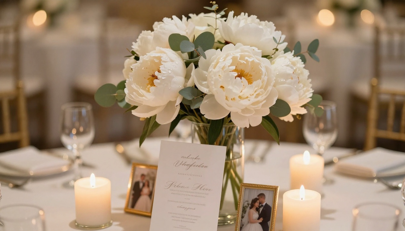 Close-up of wedding reception centerpiece with white peonies, candles, and gold-framed photos