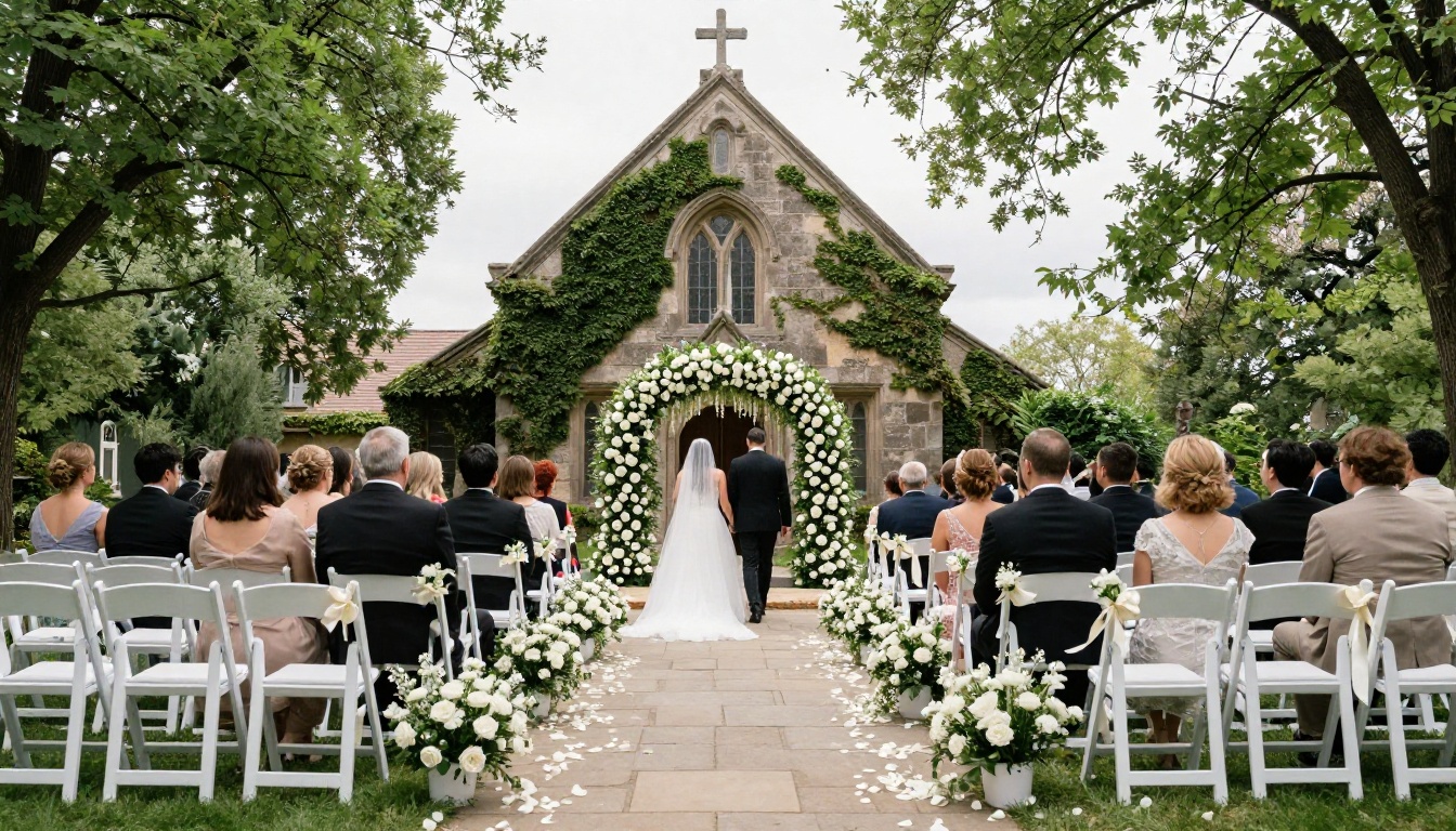 Outdoor wedding ceremony with grand floral arch, white wooden chairs, and stone chapel