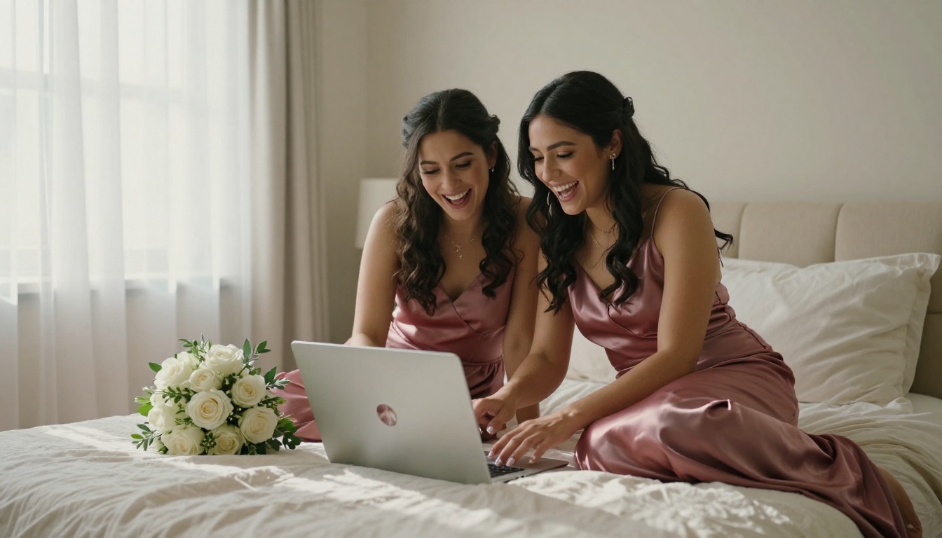 Two bridesmaids in dusty rose gowns laughing together while reviewing wedding photos on a laptop
