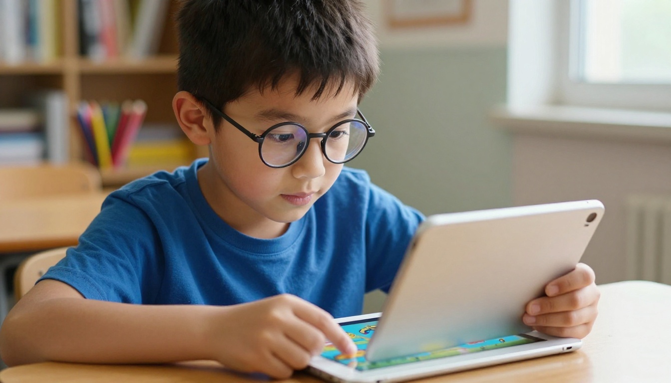 Student with glasses engaged reading interactive flipbook on tablet Student with glasses engaged reading interactive flipbook on tablet