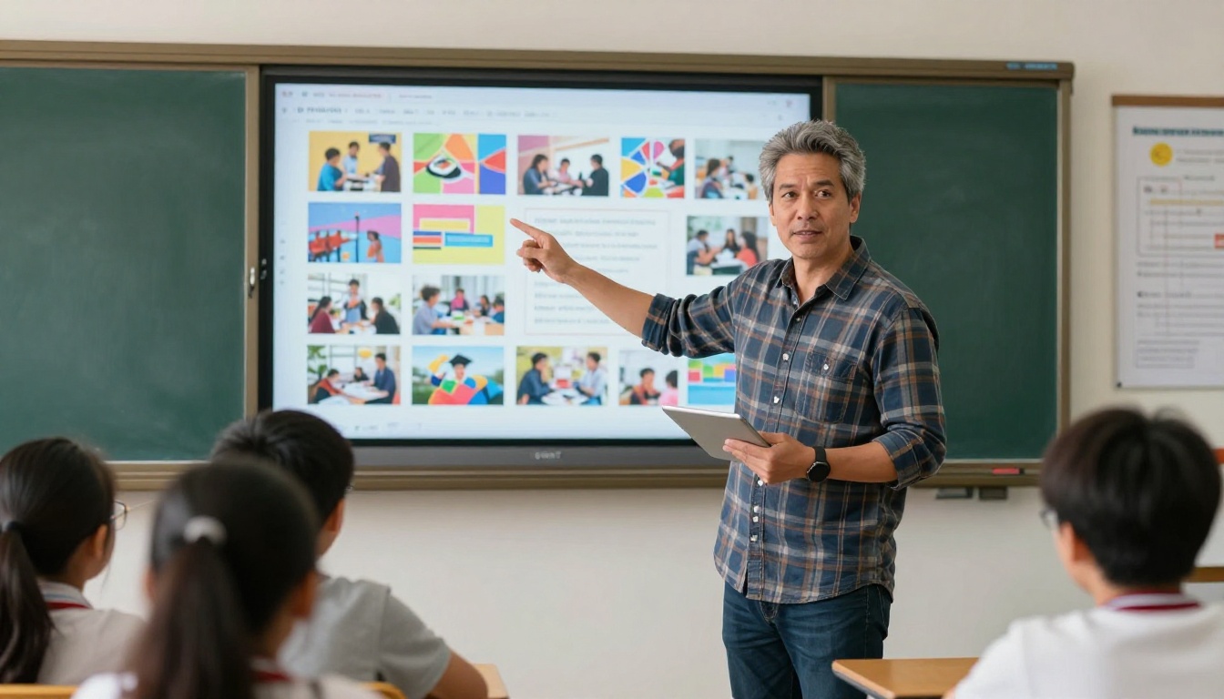Teacher presenting interactive flipbook content on smartboard Teacher presenting interactive flipbook content on smartboard
