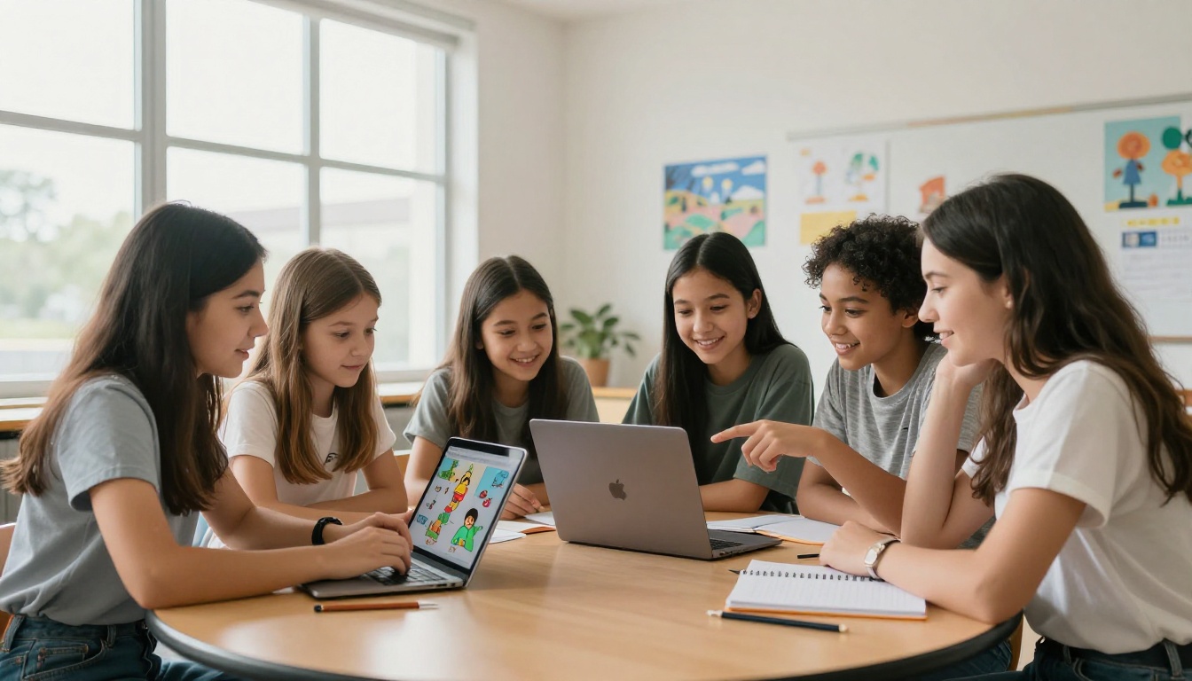 Students collaborating around tablets in a modern classroom Students collaborating around tablets in a modern classroom
