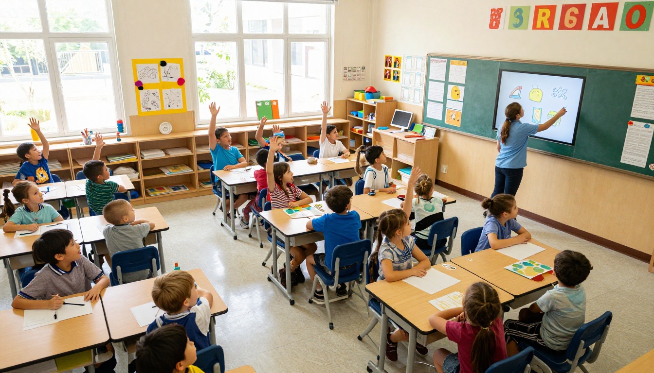 Excited students raising hands enthusiastically in elementary classroom Excited students raising hands enthusiastically in elementary classroom