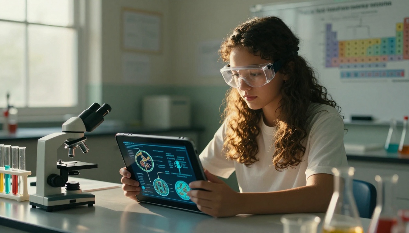 Science student with tablet showing biology diagrams in class Science student with tablet showing biology diagrams in class