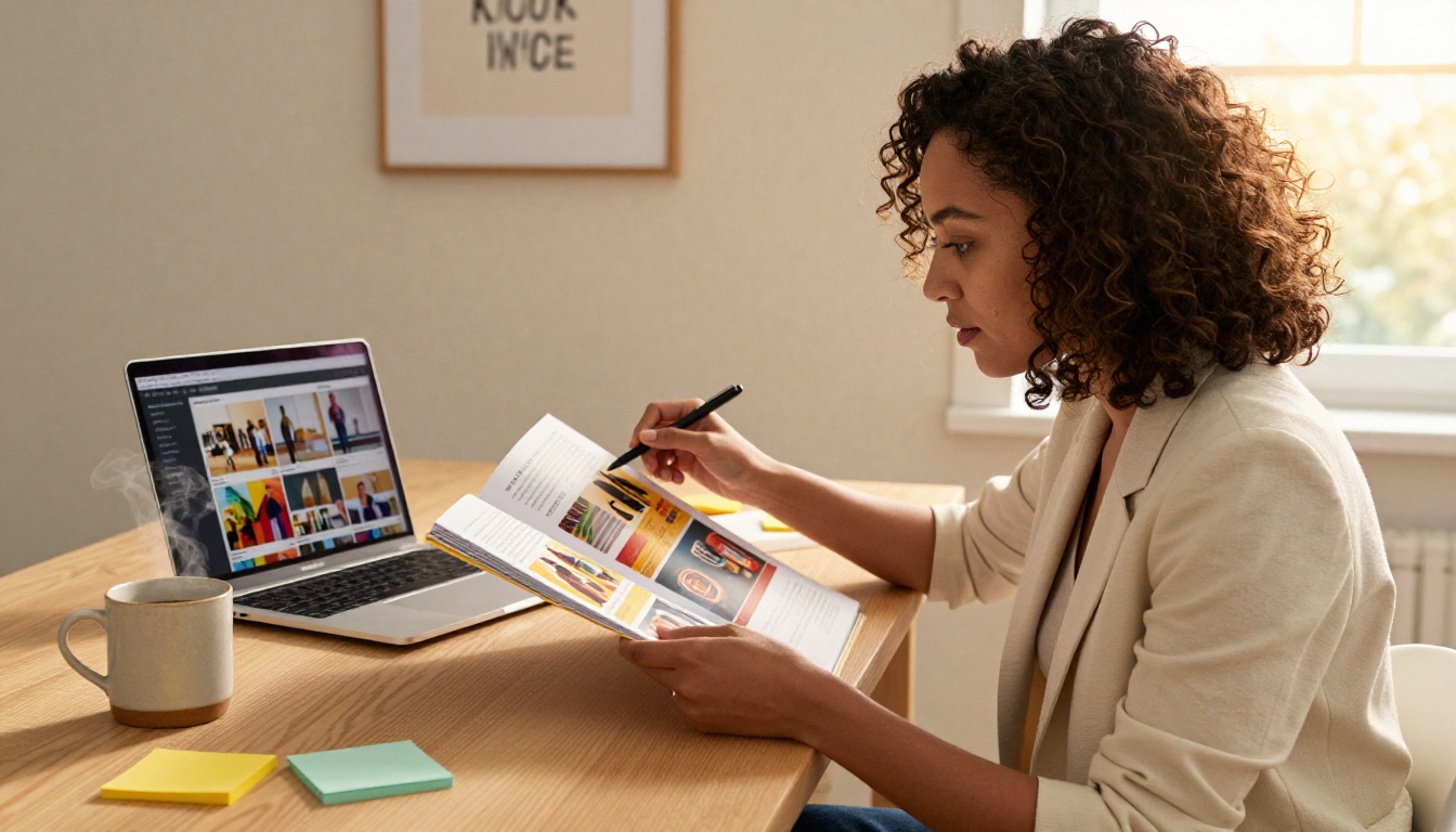 Marketing professional reviewing catalog at desk with digital version on laptop