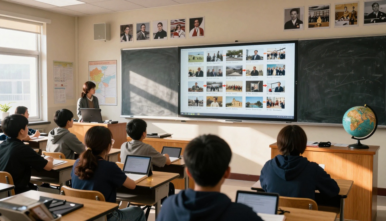 History classroom with timeline displayed on smartboard, students engaged History classroom with timeline displayed on smartboard, students engaged