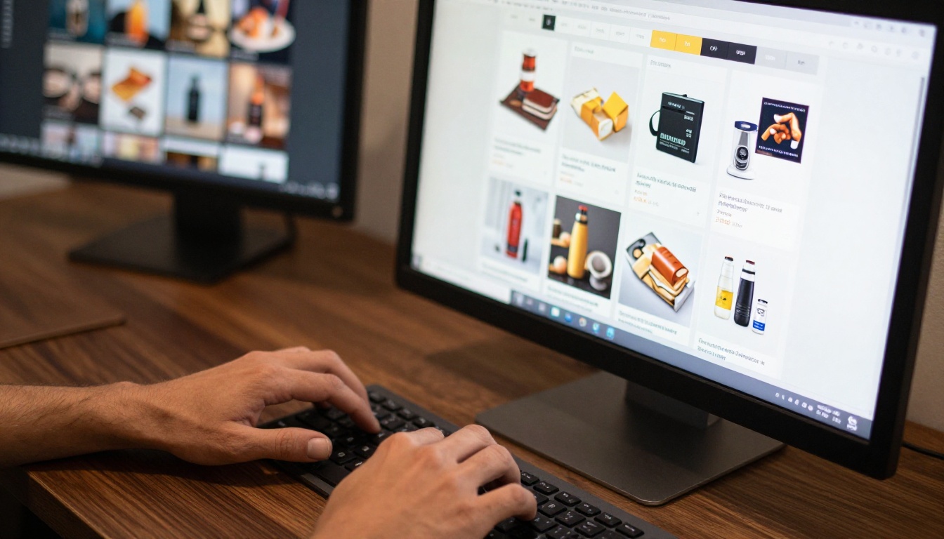 Graphic designer working on catalog layout on iMac