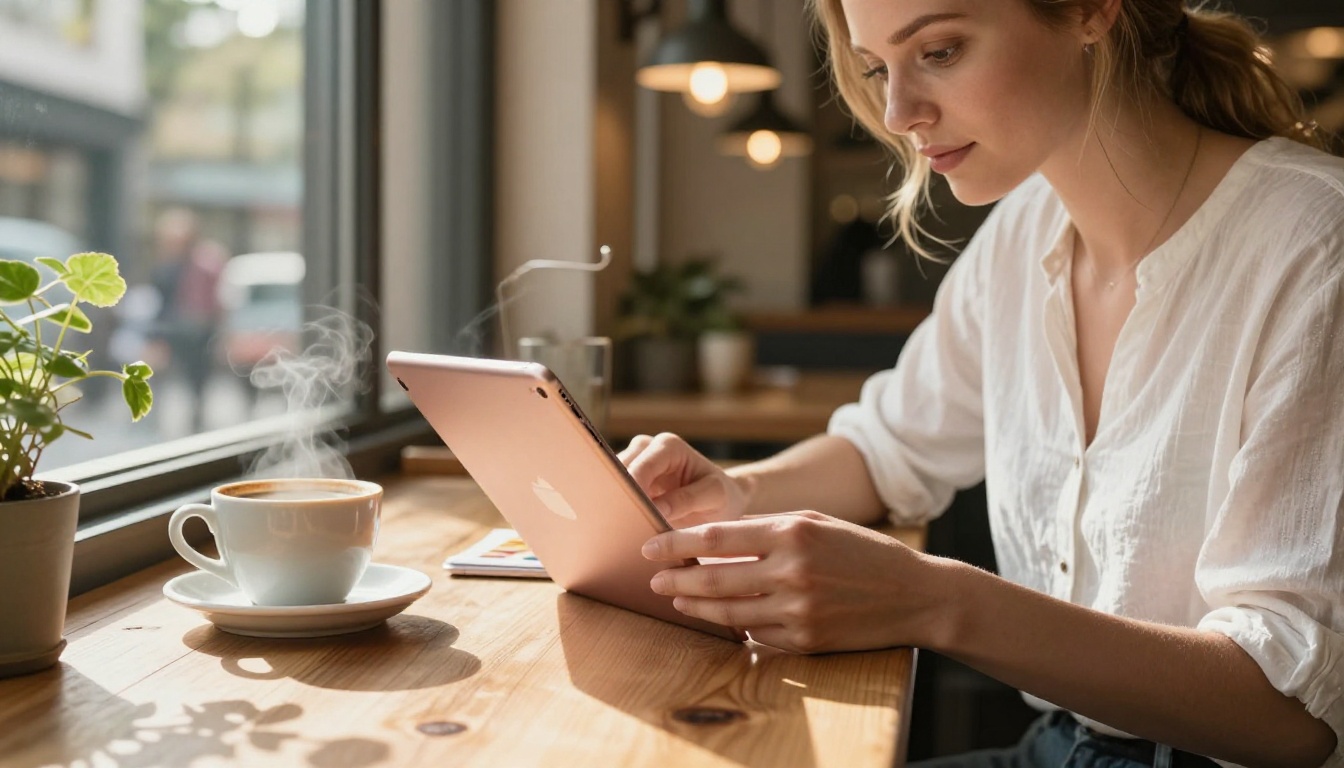 Woman browsing product catalog on iPad at a sunny cafe
