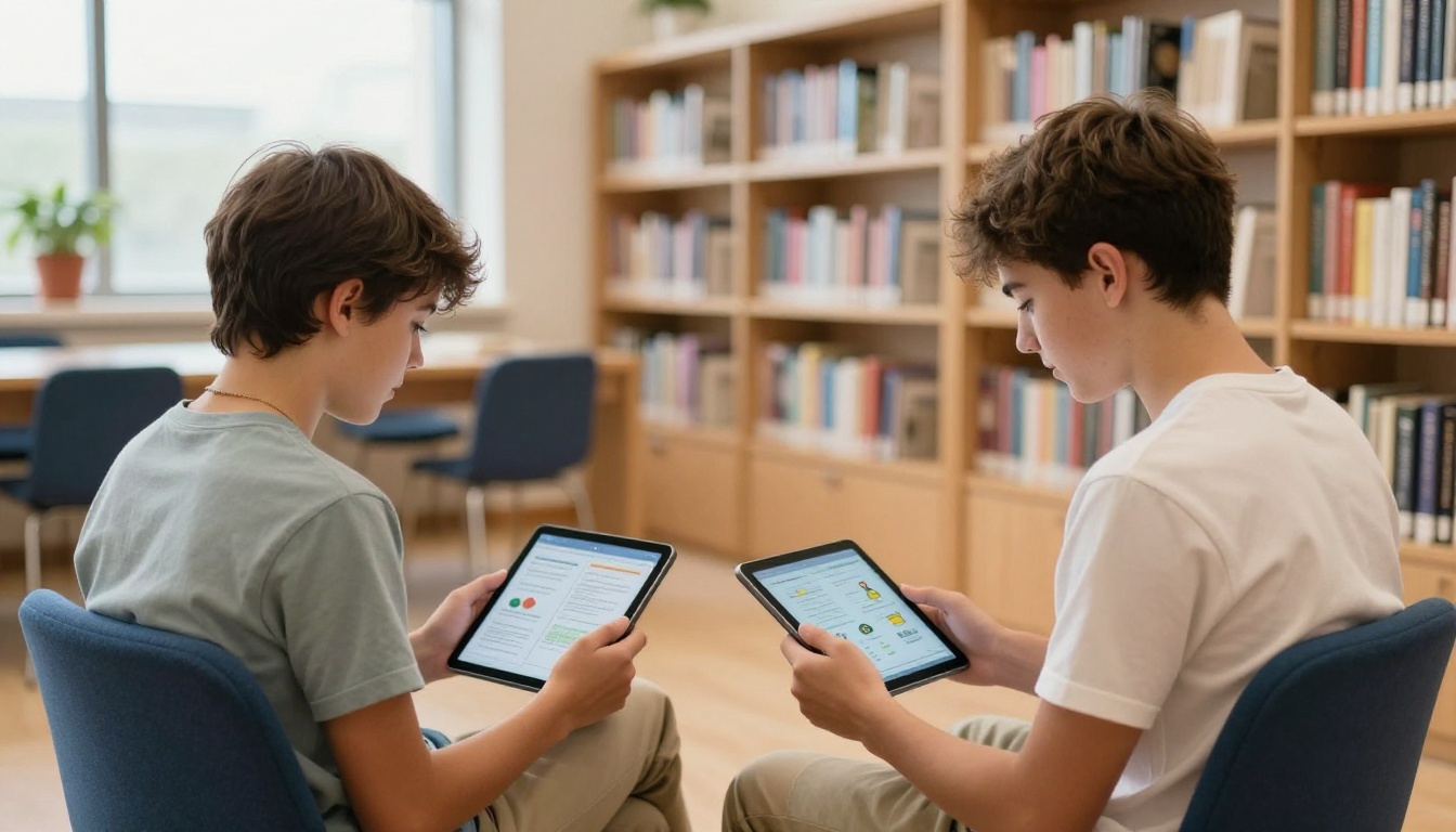 Students reading interactive educational flipbook on tablets in library Students reading interactive educational flipbook on tablets in library