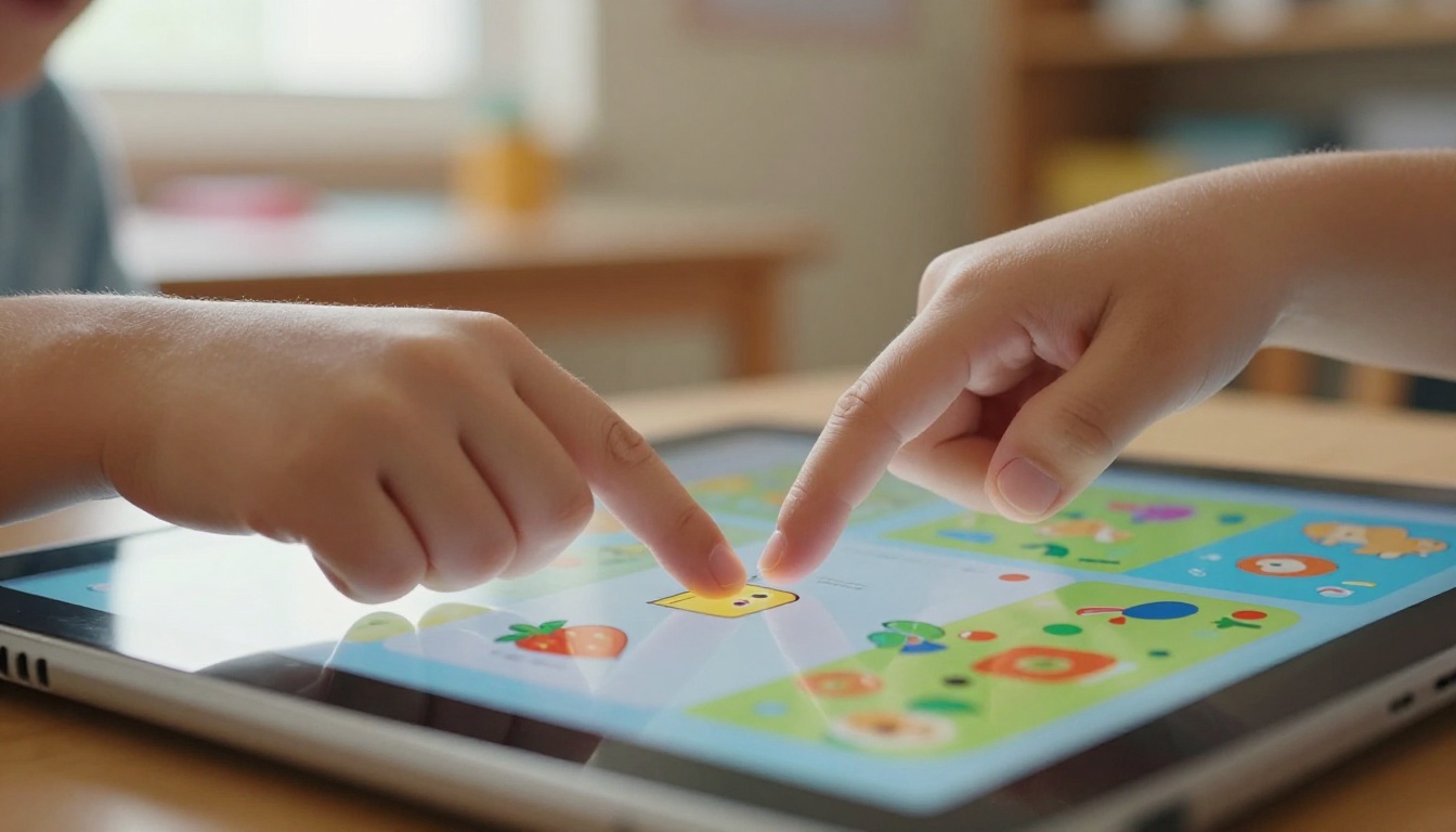 Child's hands navigating colorful interactive educational flipbook on tablet Child's hands navigating colorful interactive educational flipbook on tablet