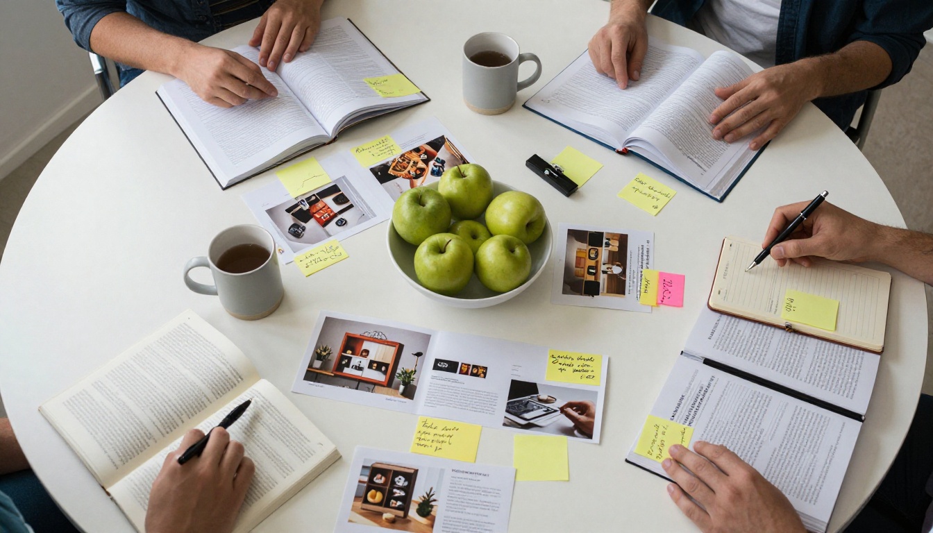 Overhead view of catalog spreads on conference table during team review
