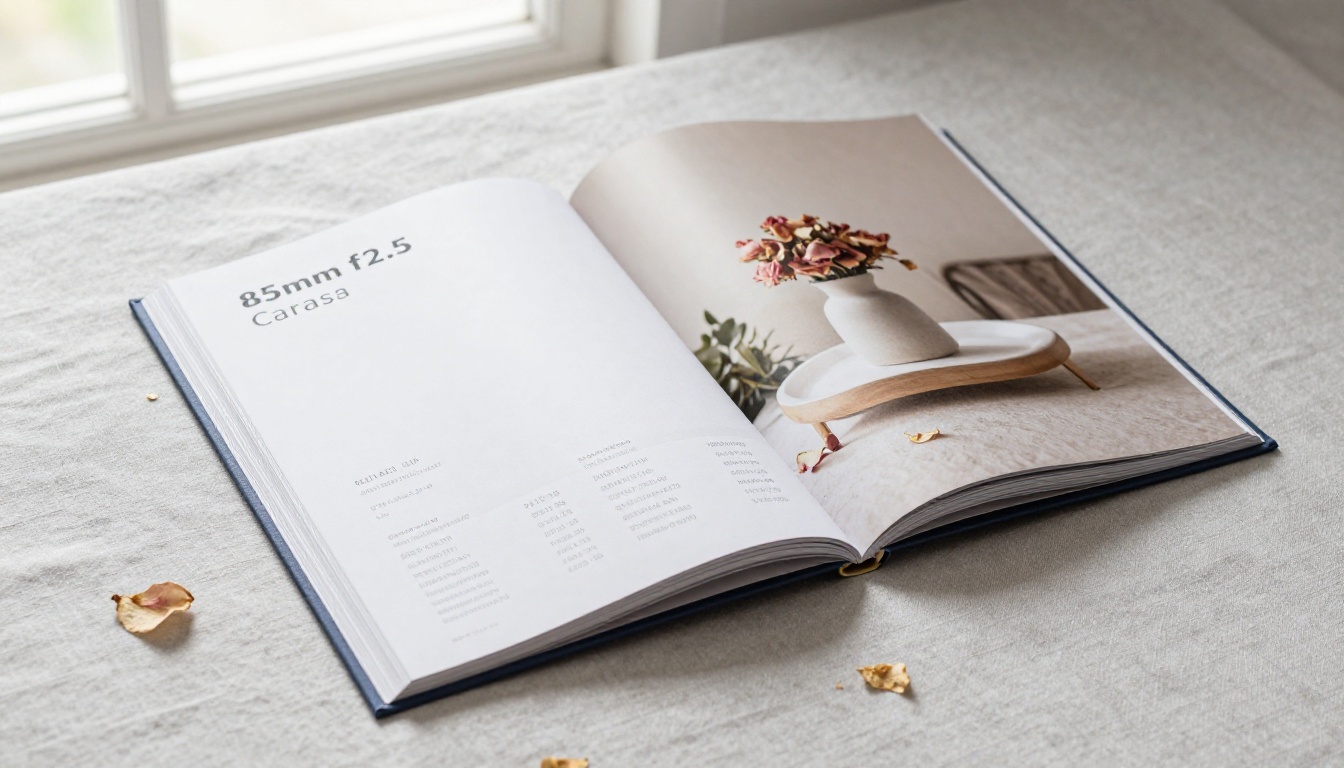 Open product catalog on linen surface with natural light photography