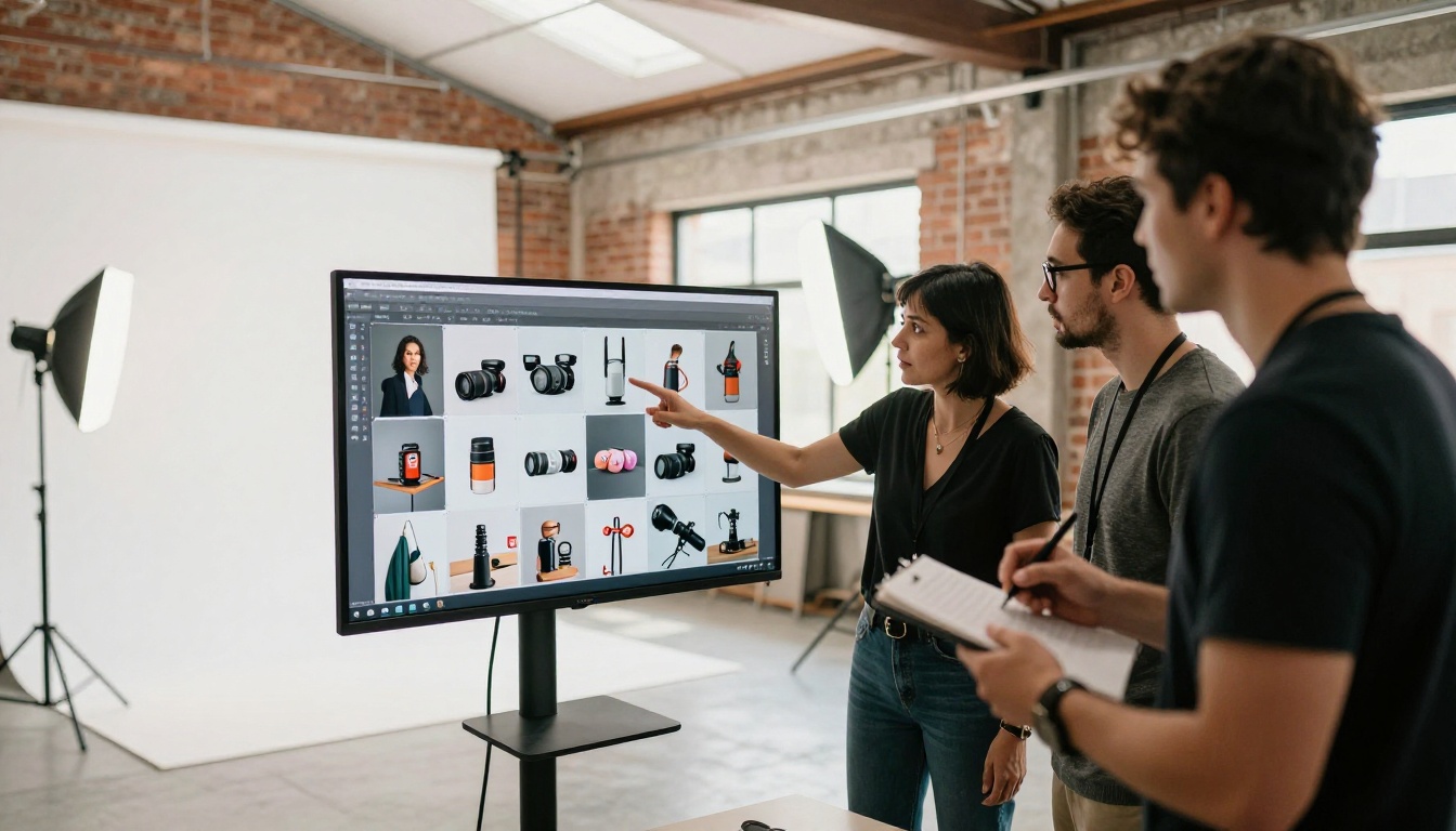 E-commerce team reviewing product photography for catalog in studio