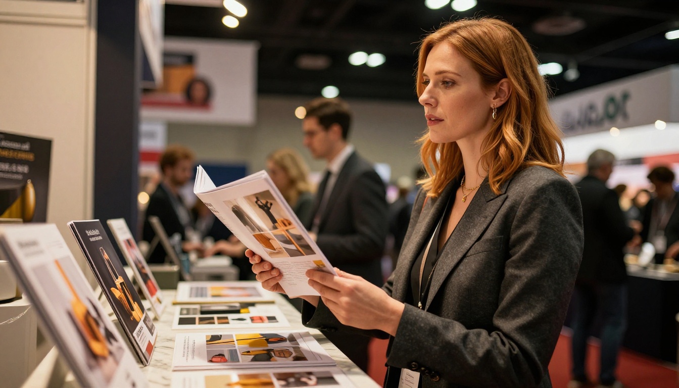Retail buyer examining product lookbook at trade show booth