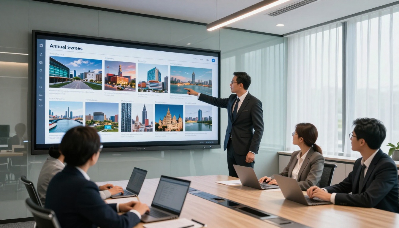 Business executive presenting interactive digital report in conference room