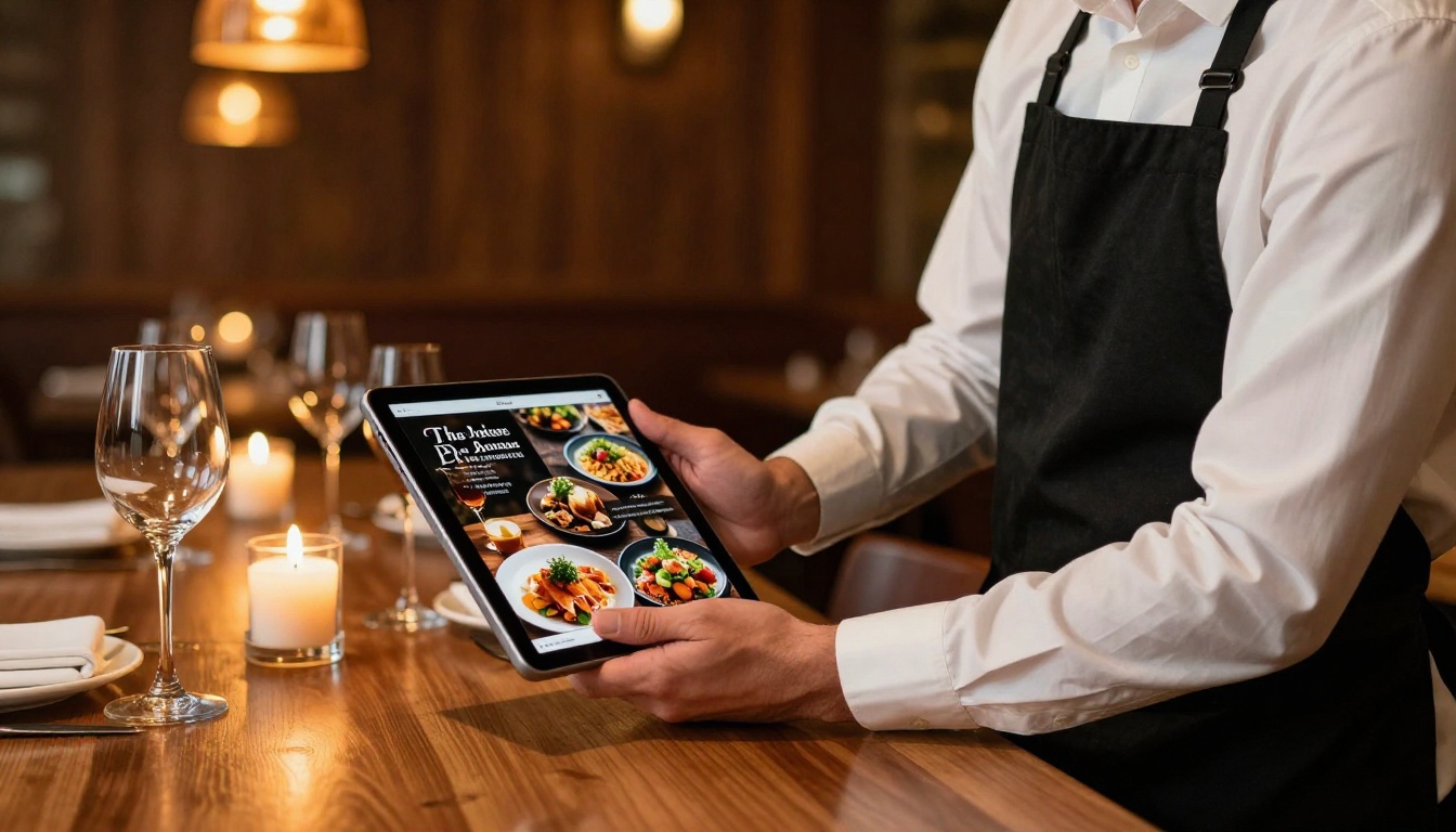 Restaurant sommelier showing beautiful menu flipbook on iPad at elegant dinner table