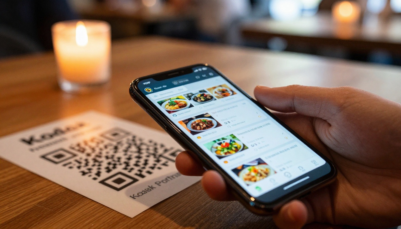 Hand holding a smartphone scanning a QR code on a wooden restaurant table placard Hand holding a smartphone scanning a QR code on a wooden restaurant table placard