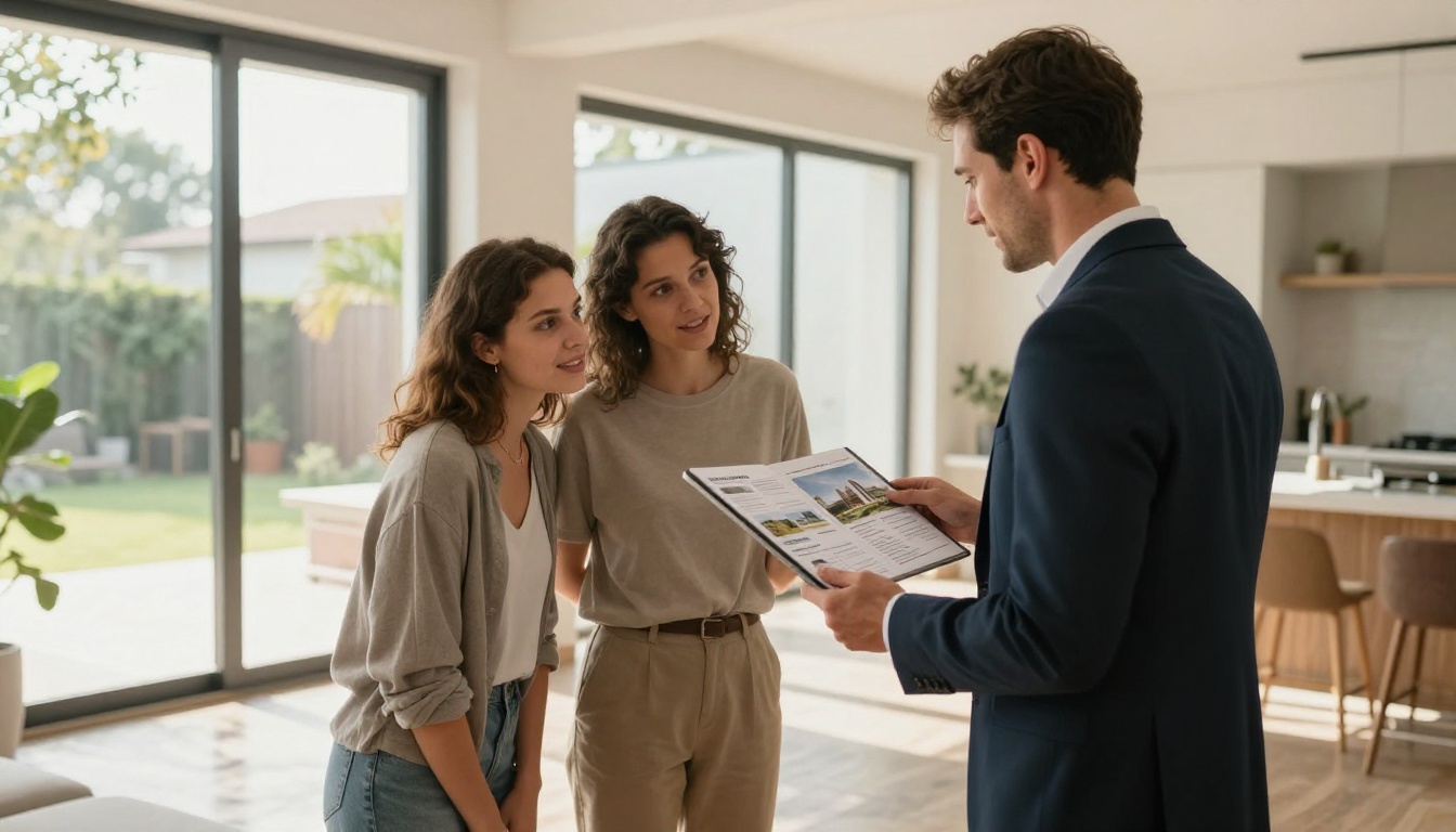 Real estate agent showing property brochure flipbook to couple in bright modern apartment