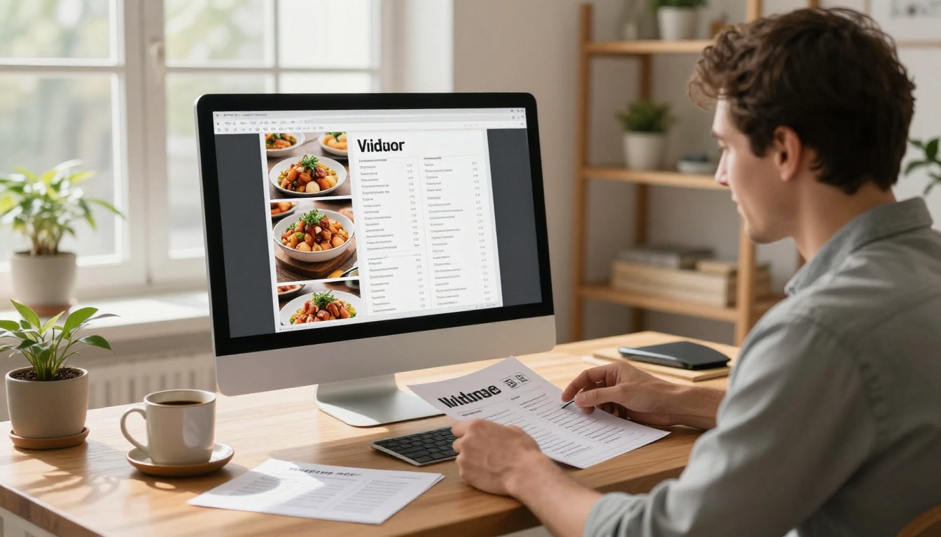 Restaurant owner reviewing menu design on a computer screen Restaurant owner reviewing menu design on a computer screen