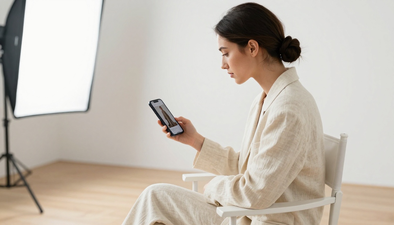 Fashion stylist reviewing catalog flipbook on smartphone in minimalist photography studio