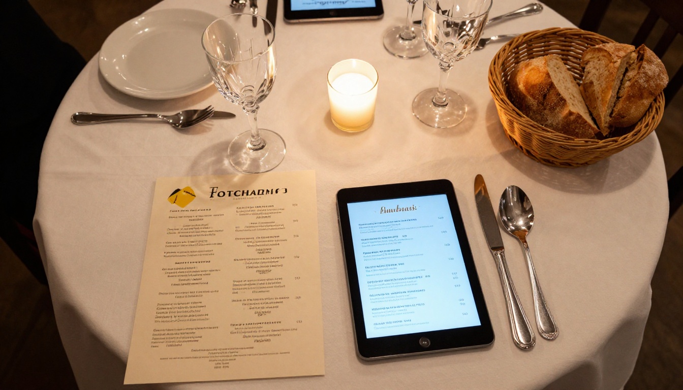 Aerial flat-lay of a restaurant table with a printed and digital menu side by side Aerial flat-lay of a restaurant table with a printed and digital menu side by side