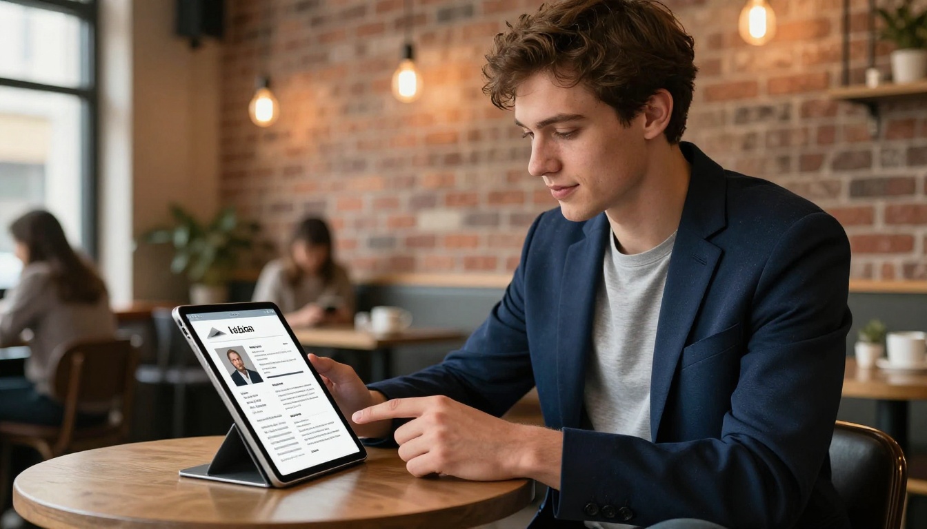 Professional man reviewing flipbook resume on tablet in coffee shop