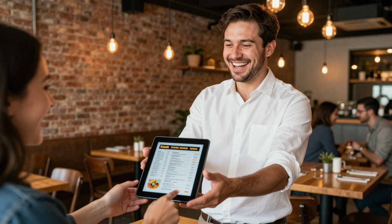 Smiling waiter handing a customer a tablet with a digital restaurant menu Smiling waiter handing a customer a tablet with a digital restaurant menu