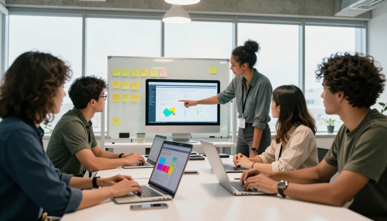 Marketing team reviewing document performance data on laptops in bright open-plan office