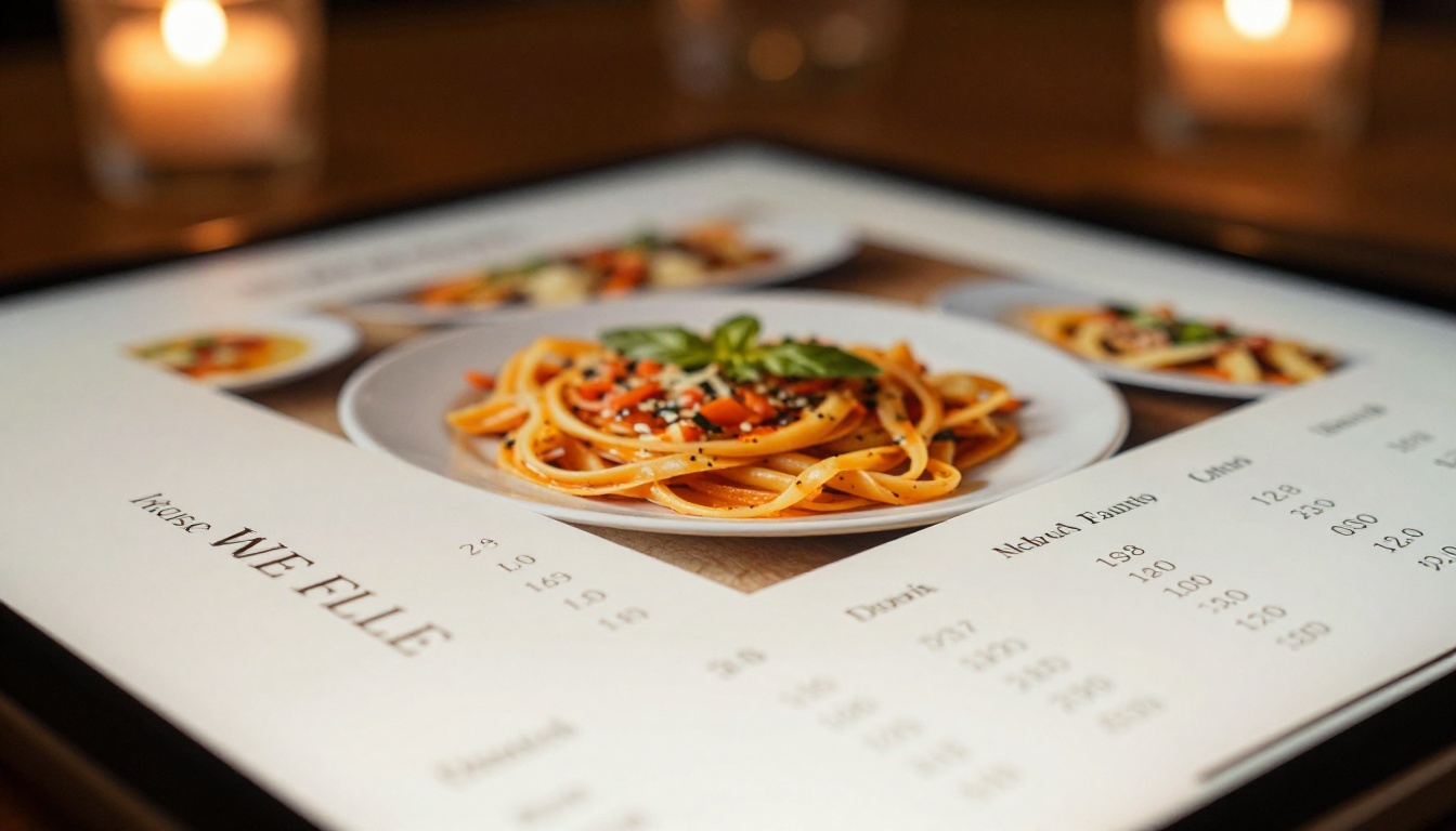 Macro close-up of a tablet screen showing a digital restaurant menu with food photography Macro close-up of a tablet screen showing a digital restaurant menu with food photography